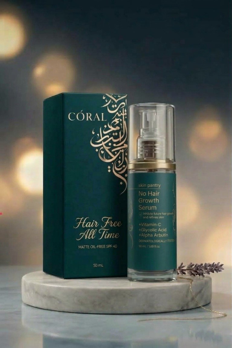 CORAL Unwanted Hair Growth Reduction Serum bottle and carton on a softly lit display