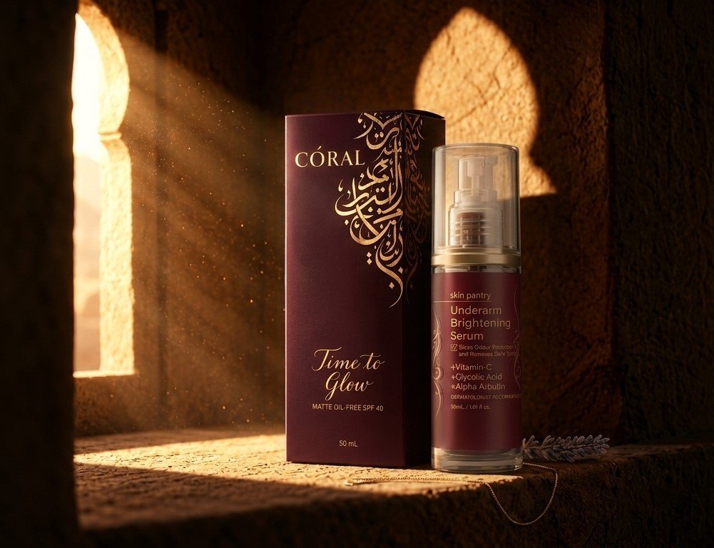 CORAL Underarm Brightening Serum bottle and carton in warm studio lighting